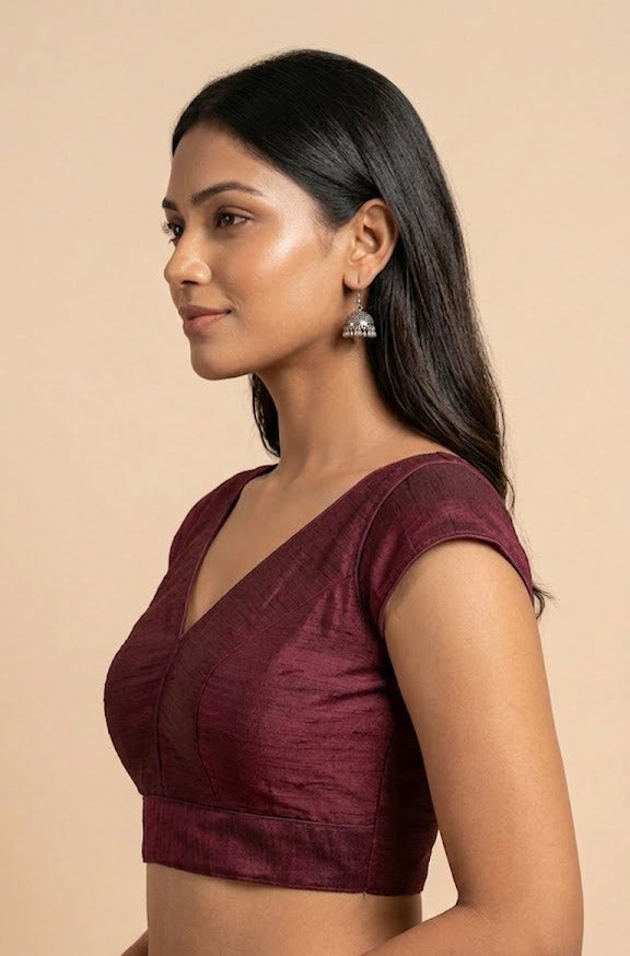 Women's Raw Silk Sleeveless Blouse - Deep V-Neck Saree blouse