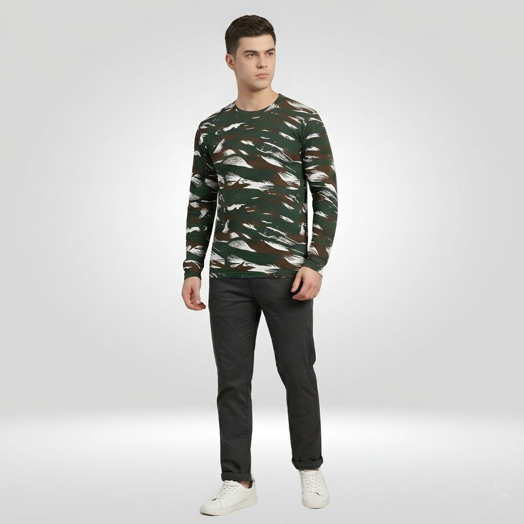 Men’s Camouflage Printed Full Sleeve T-Shirt | Slim Fit Round Neck Casual Wear