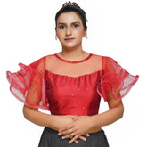 Boat Neck Frill Shoulder Dark Red Women Blouse Dark Red
