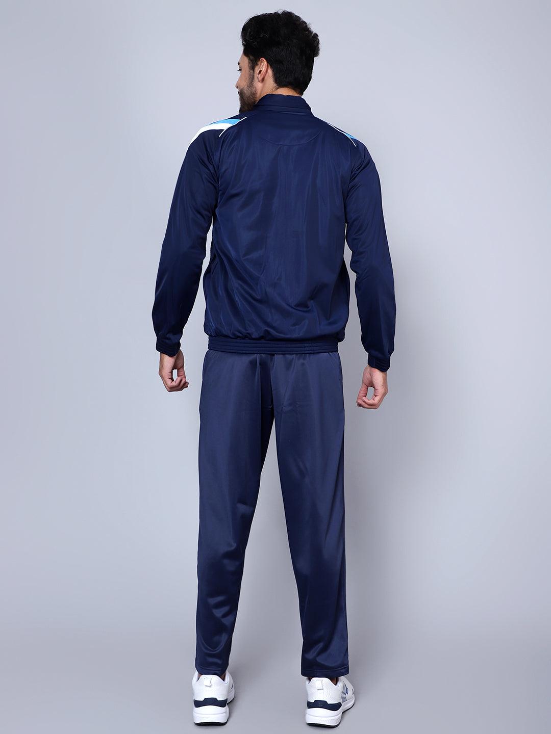 Men Navy Blue, Sky Blue and White Striped Detail Tracksuit