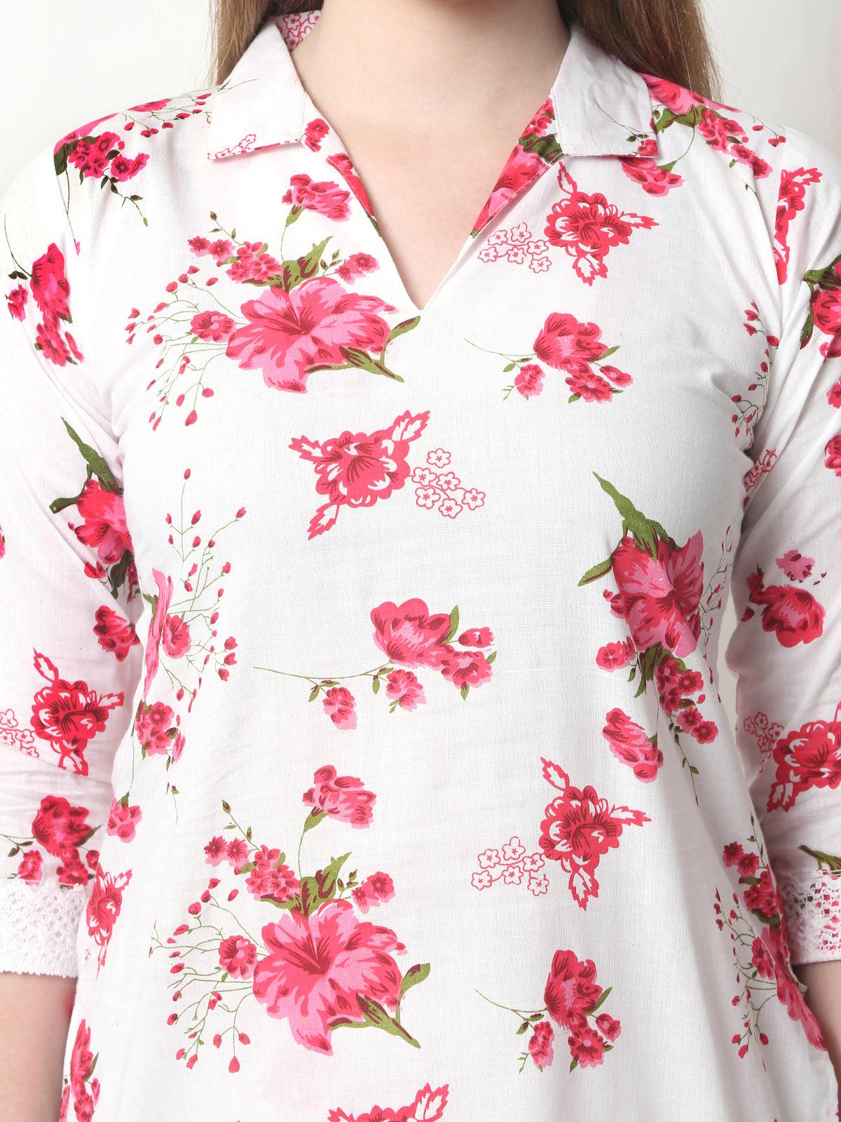Women Floral Print Cotton Red Cord Set