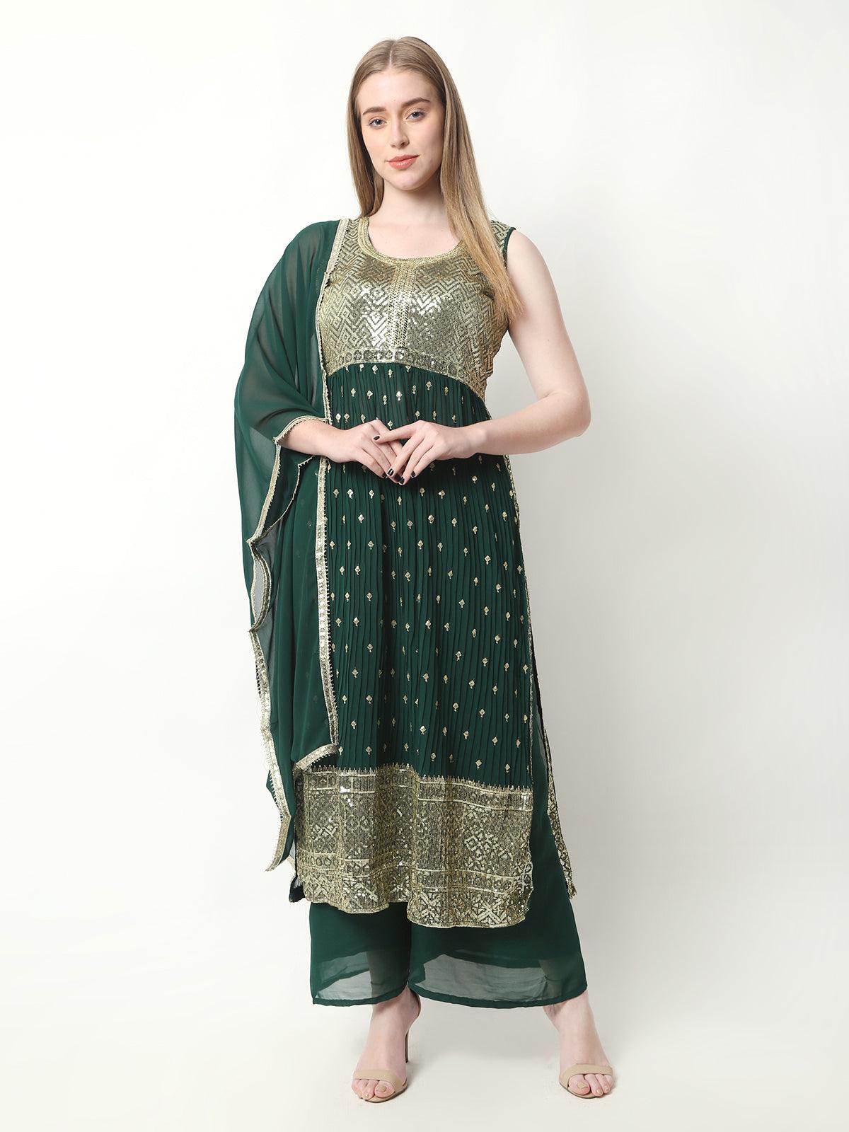 Trendzmy Rayon Embroidery Nyra Cut Kurti With Pants and Dupatta Set For Womens Green