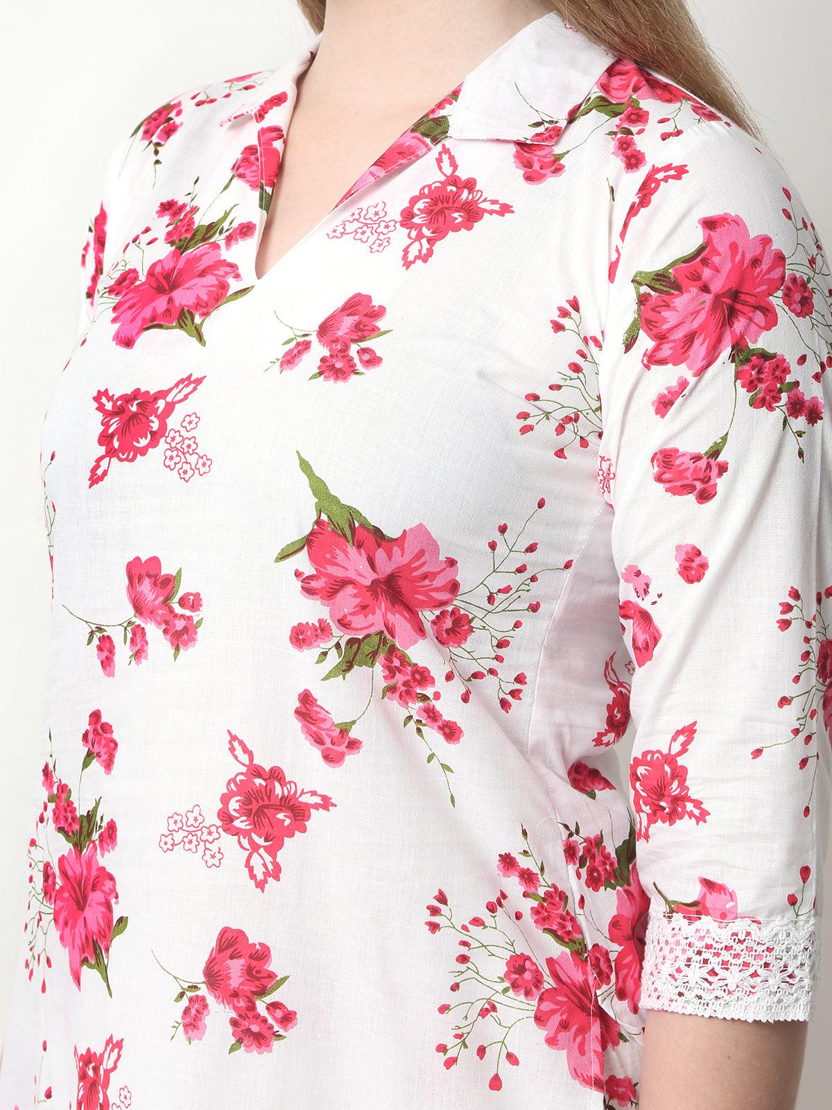 Women Floral Print Cotton Red Cord Set
