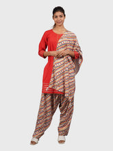 Women Plain Red Kurta with Stripe Cream Salwar and Dupatta XXXL