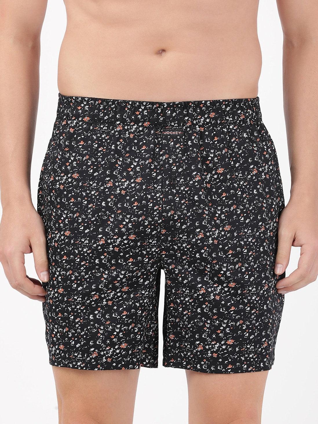 Jockey Men's Super Combed Cotton Satin Weave Printed Boxer Shorts with Side Pocket - Black (Random Prints)