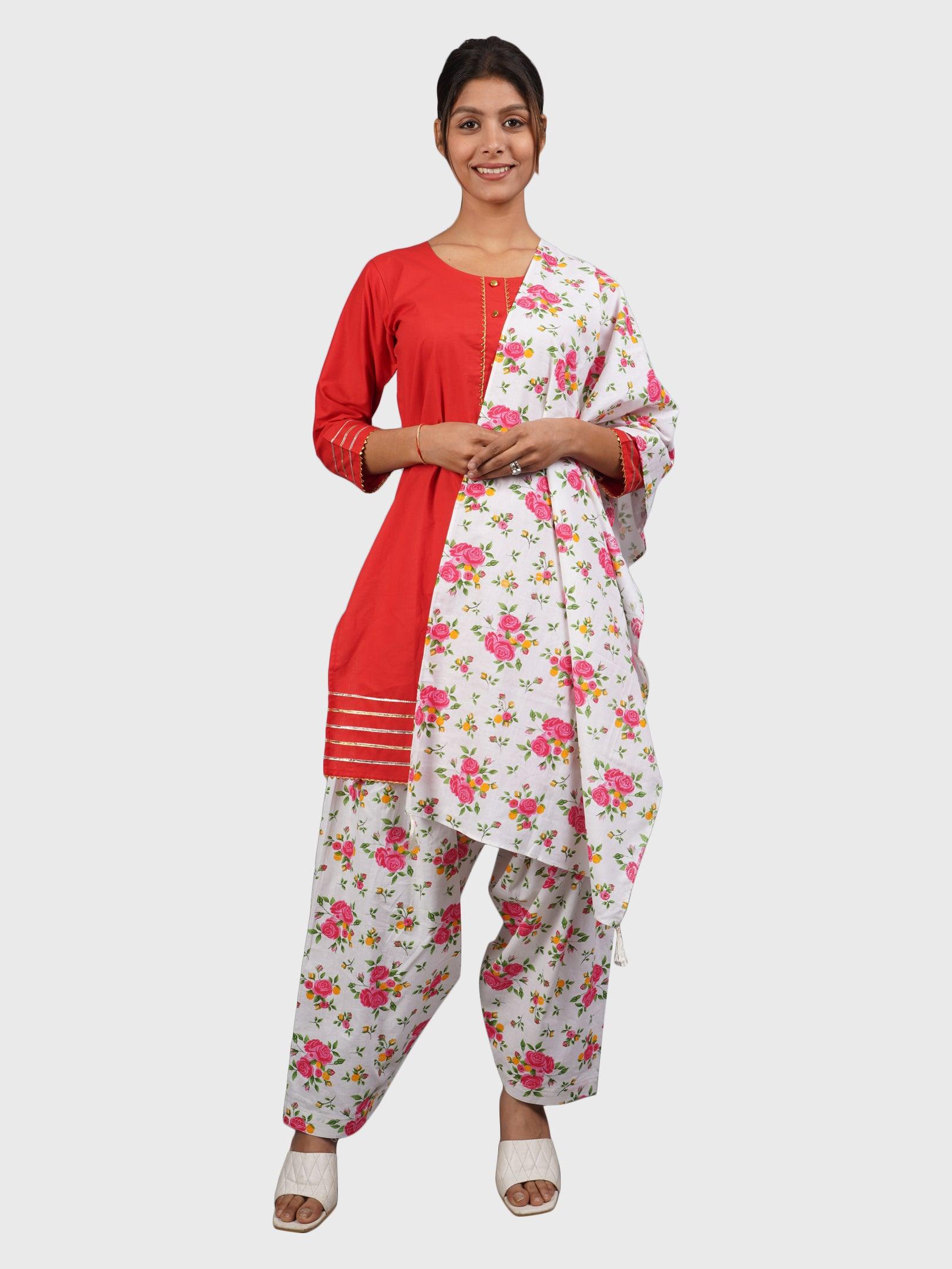 Women Plain Red Kurta with Printed Pink Salwar and Dupatta XXXL