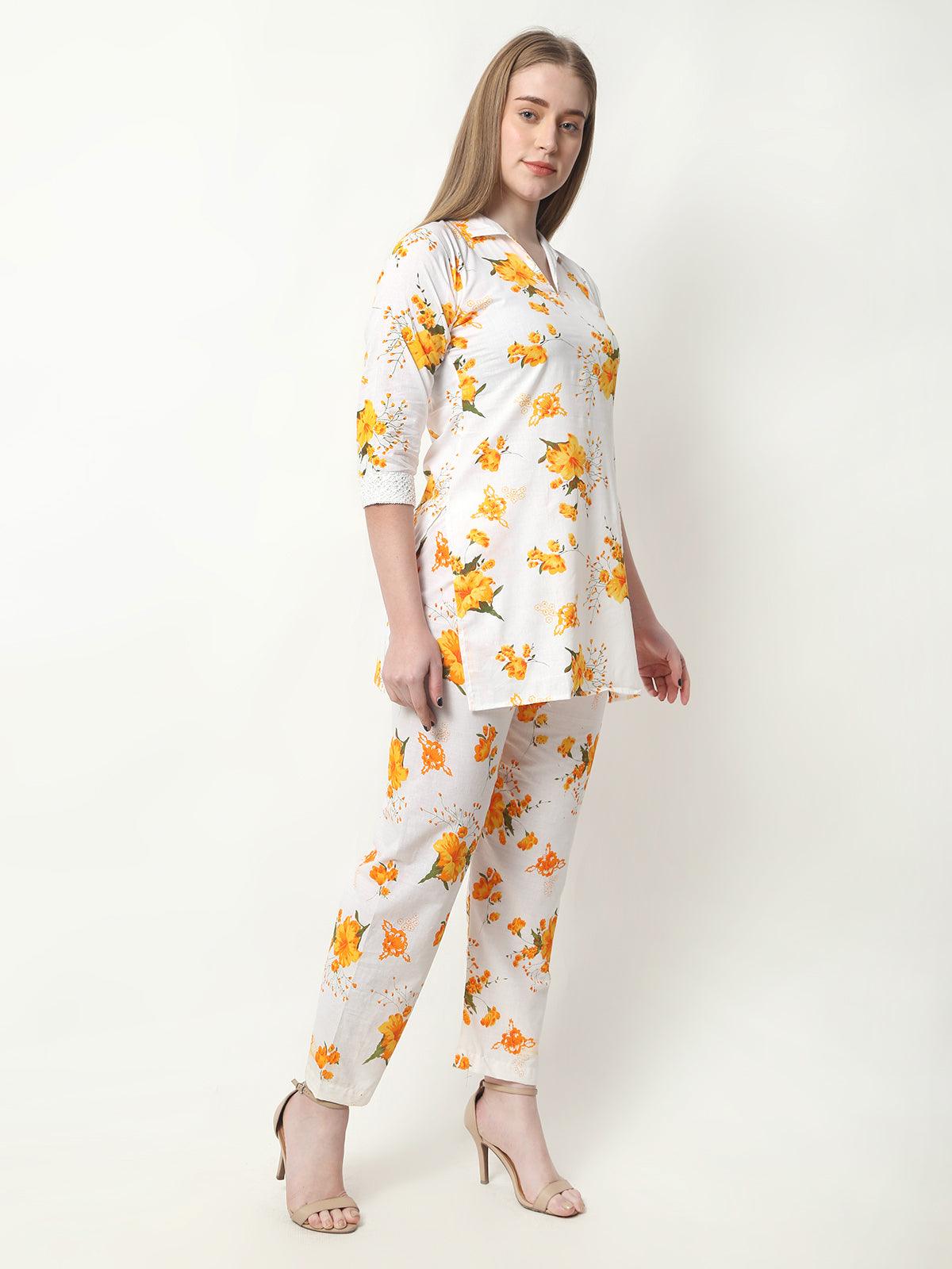 Women Floral Print Cotton Yellow Cord Set
