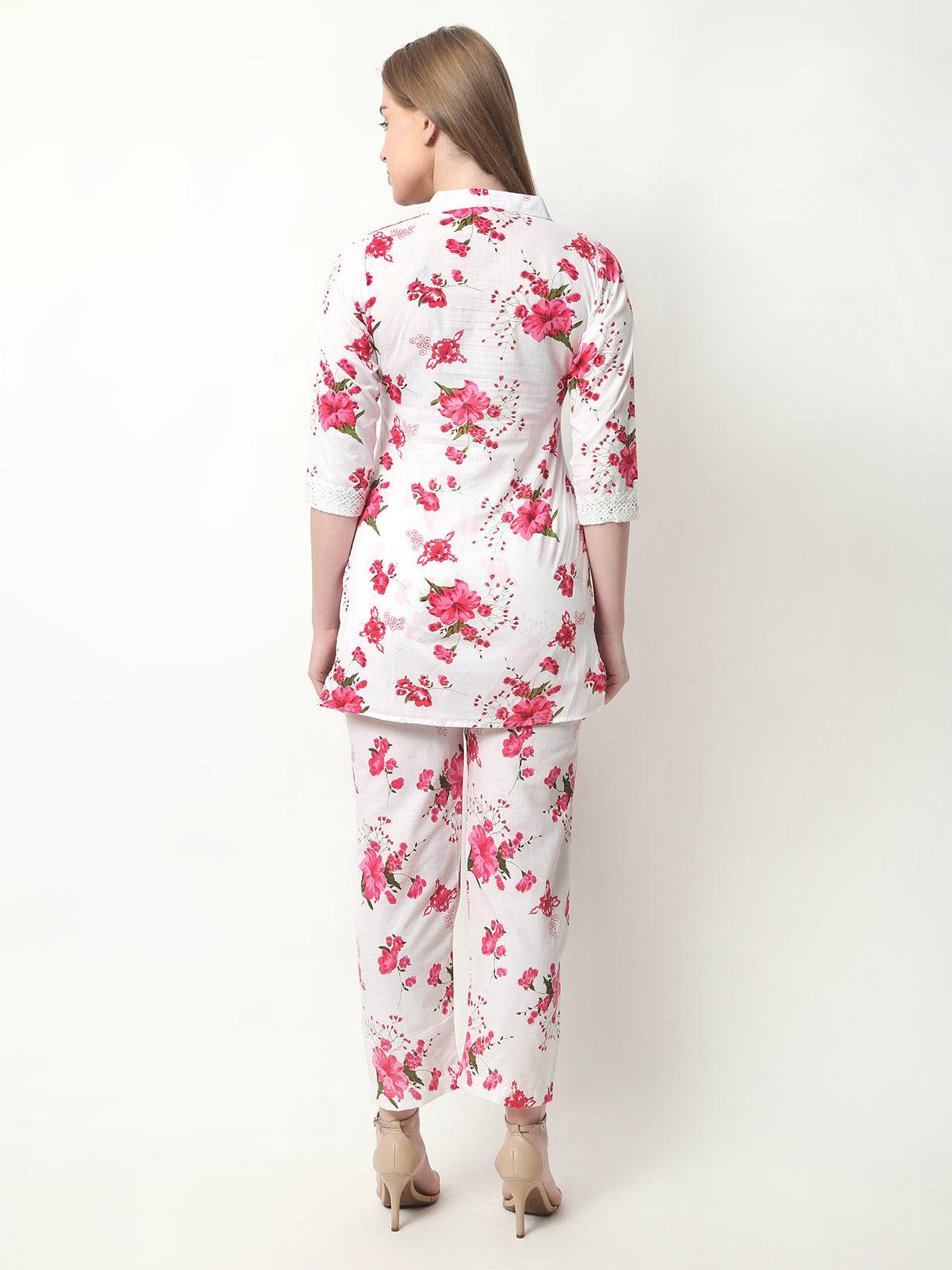 Women Floral Print Cotton Red Cord Set
