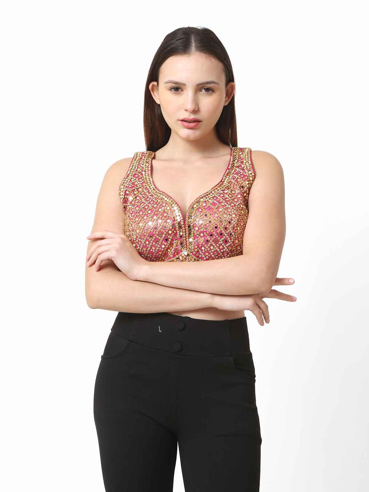 Women Rani Pink Heavy Mirror Work Readymade Blouse