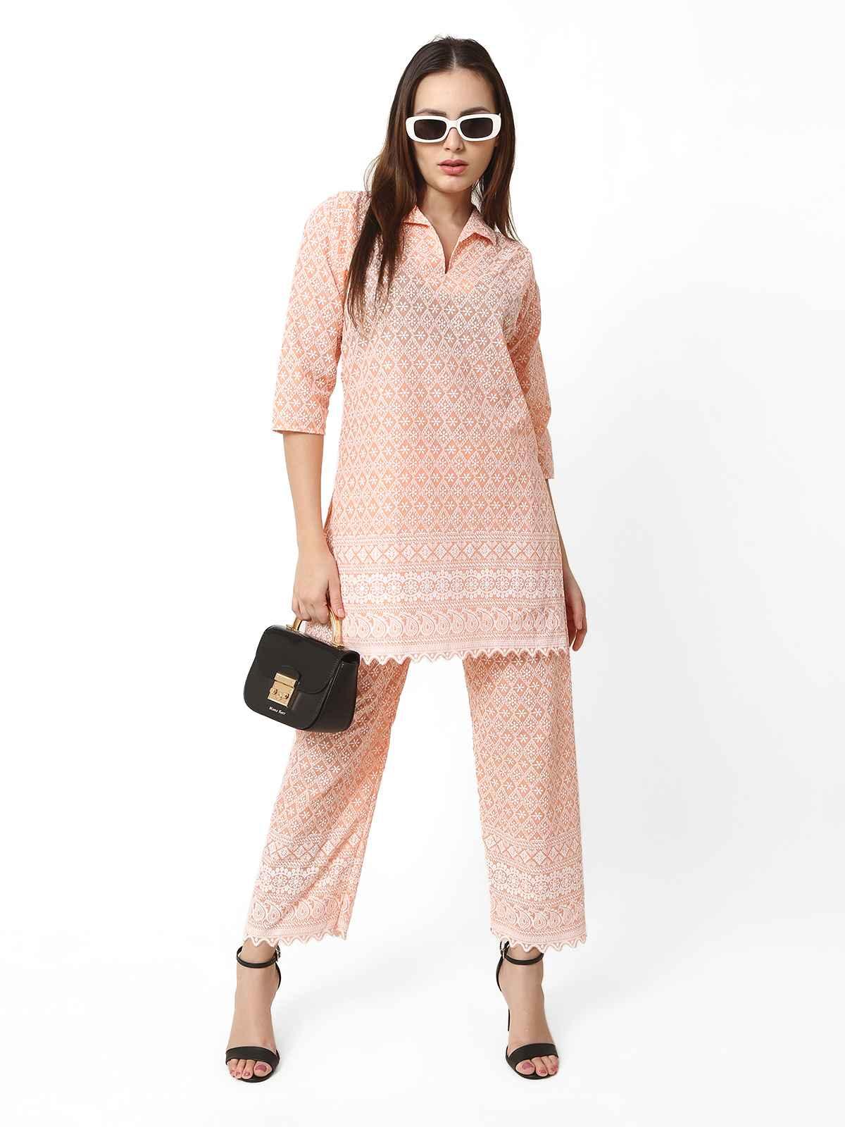 Women Chikan Embroidery Cotton Blend Kurti Set Ethnic Dress Cord Set Peach Color XXL
