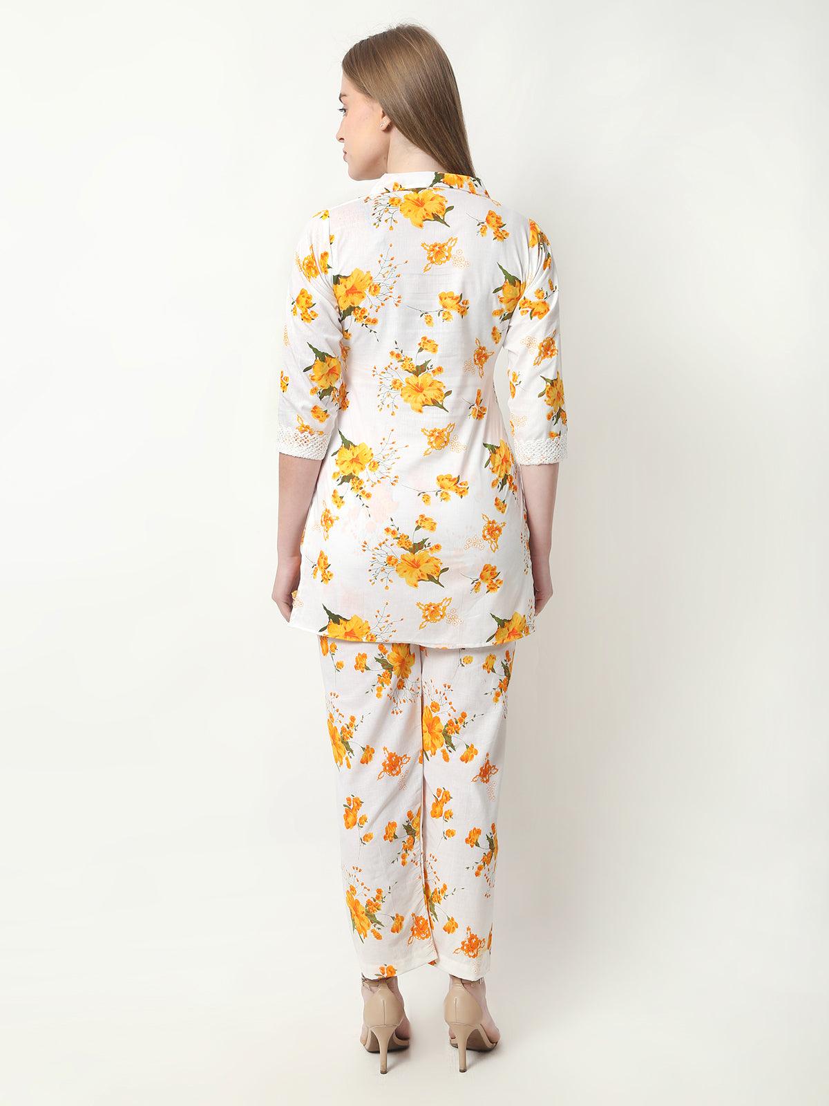 Women Floral Print Cotton Yellow Cord Set
