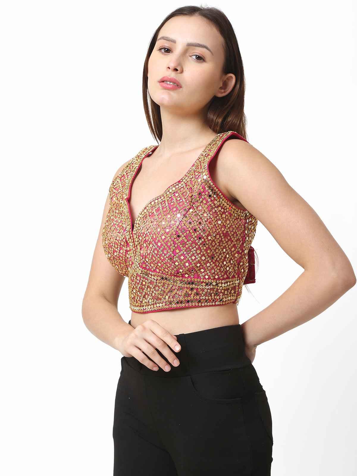 Women Rani Pink Heavy Mirror Work Readymade Blouse