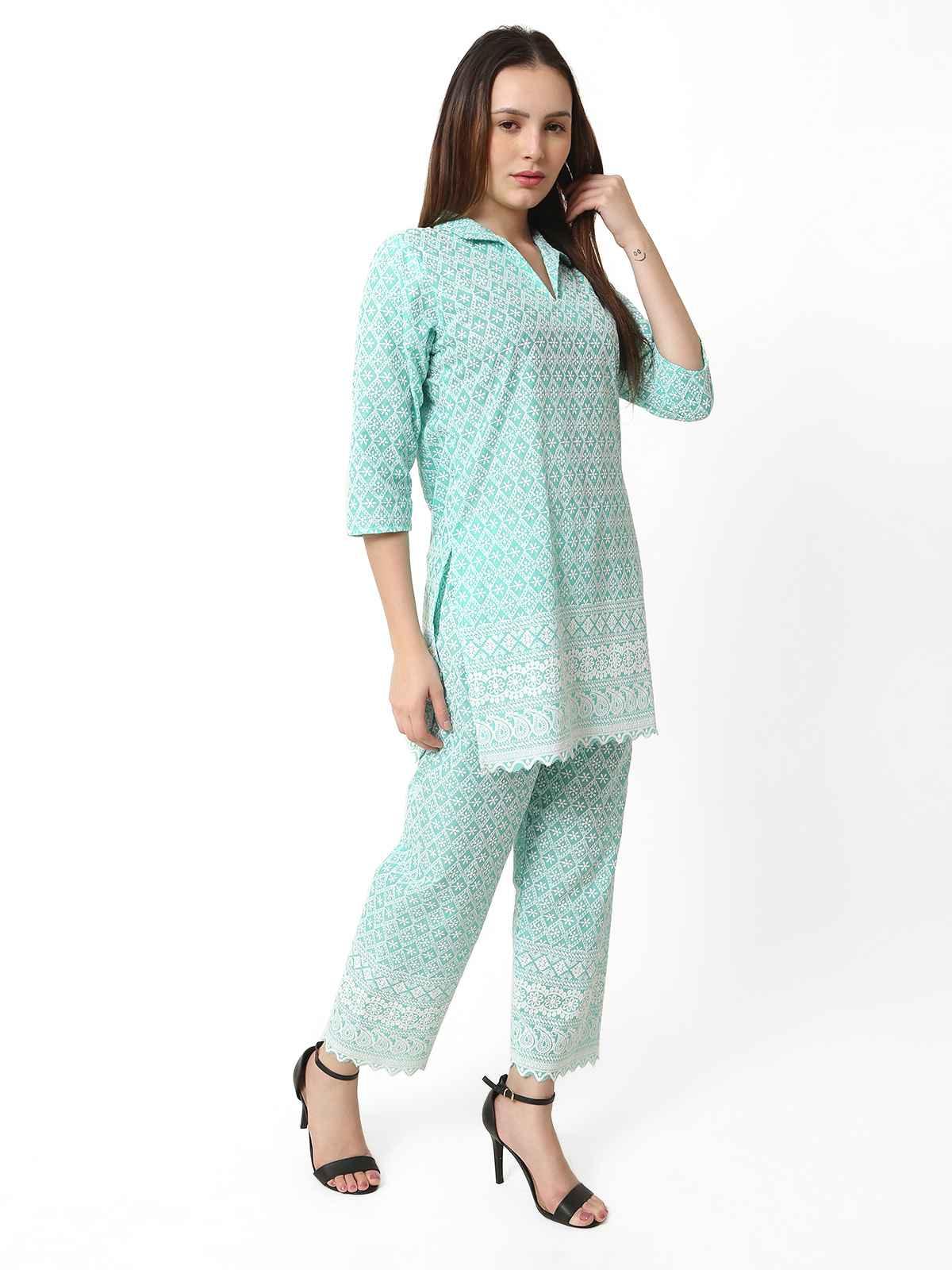Trendzmy Women Chikan Embroidery Cotton Blend Kurti Set Ethnic Dress Cord Set Aqua Sea Green Color
