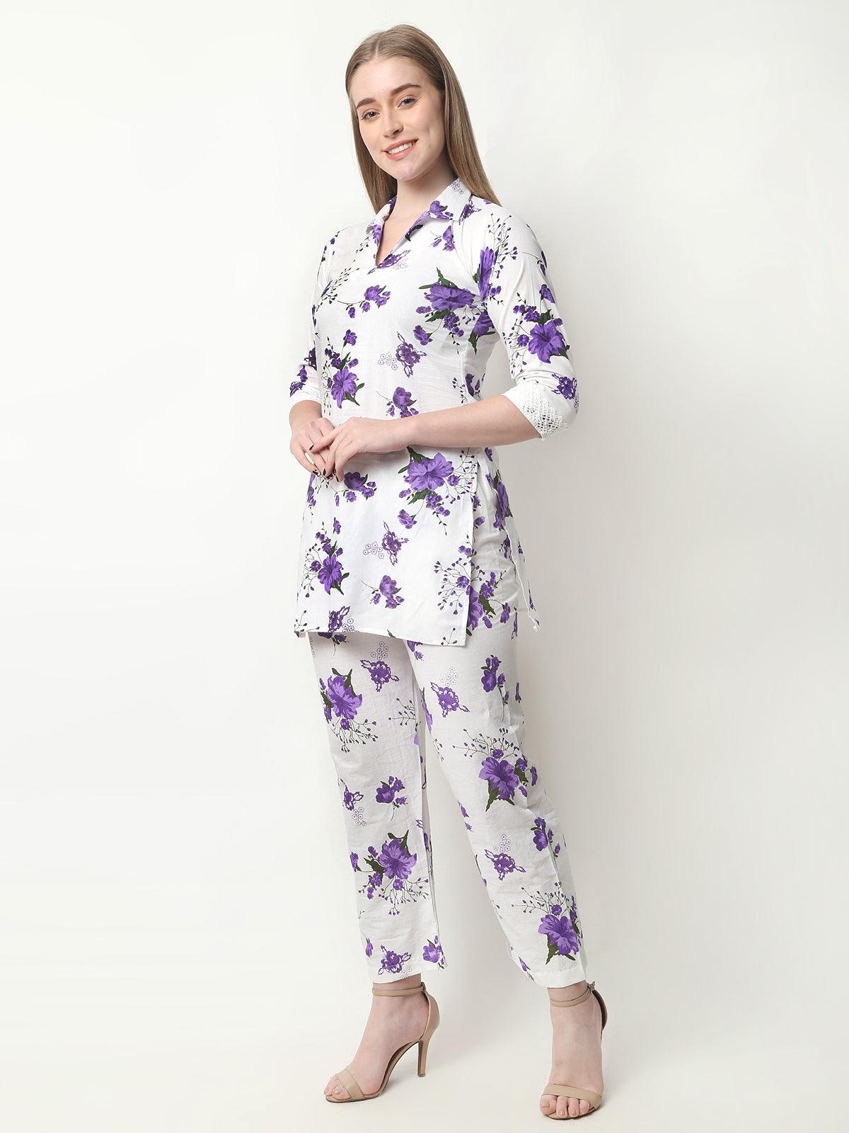 Trendzmy Women Chikan Embroidery Cotton Blend Kurti Set Ethnic Dress Cord Set Printed Purple Color