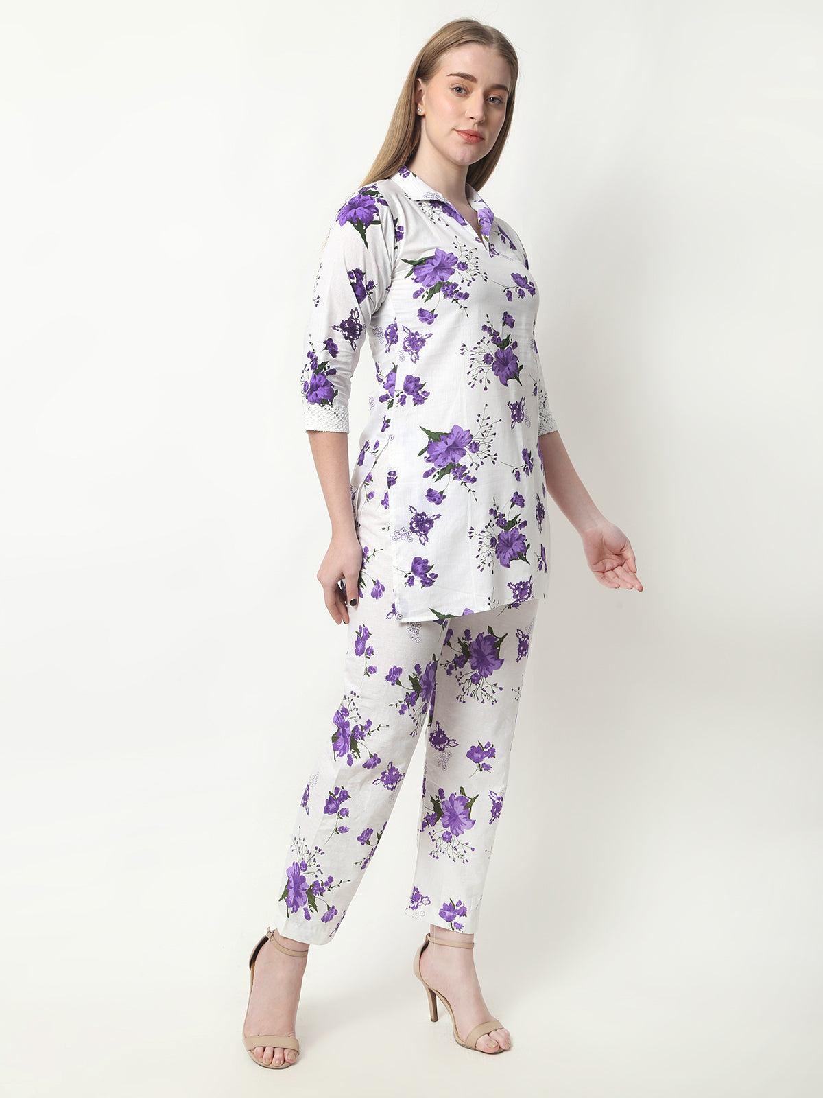 Women Floral Print Cotton Purple Cord Set