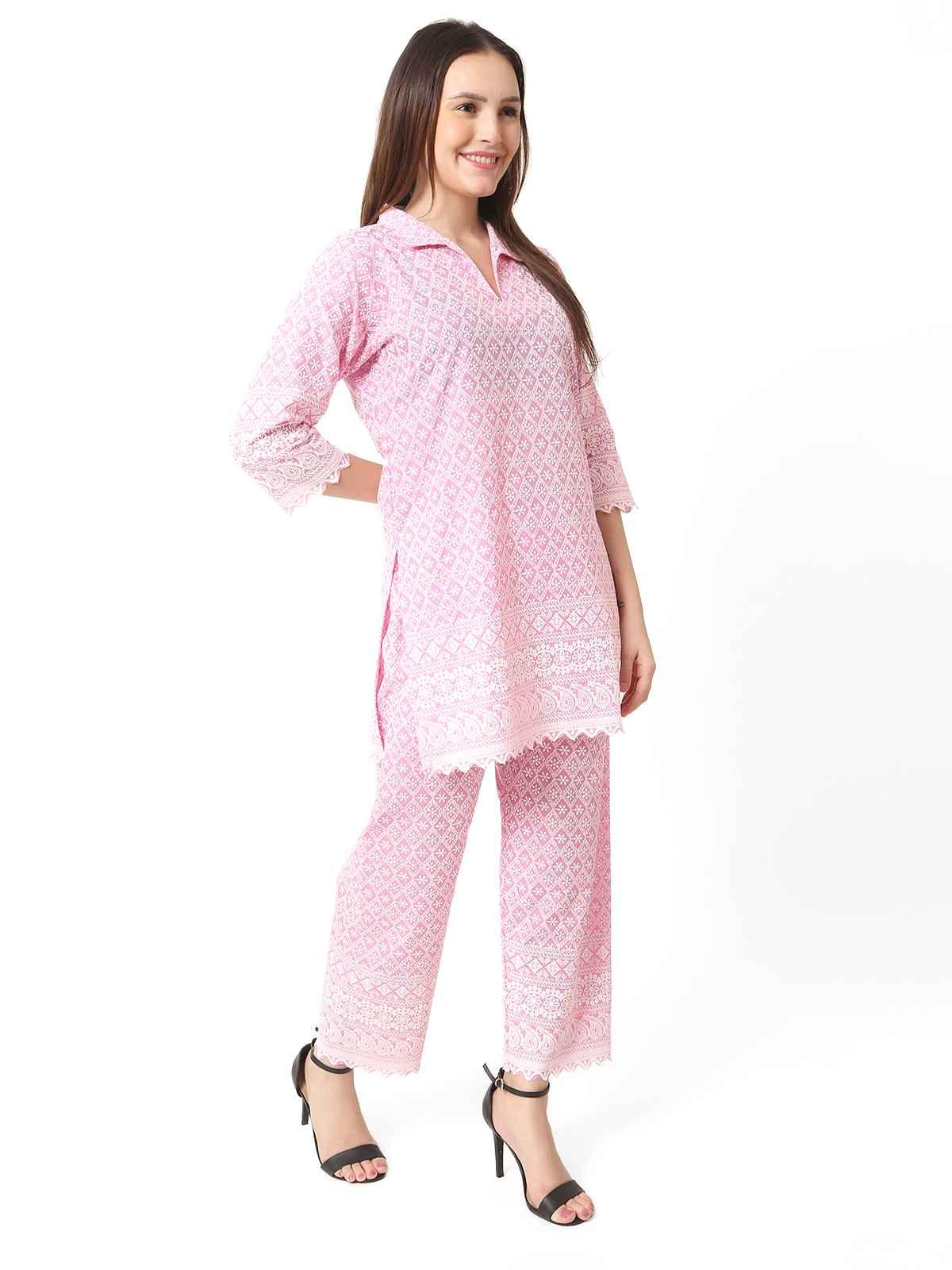 Women Chiken Embroidery Cotton Blend Pink Cord Set