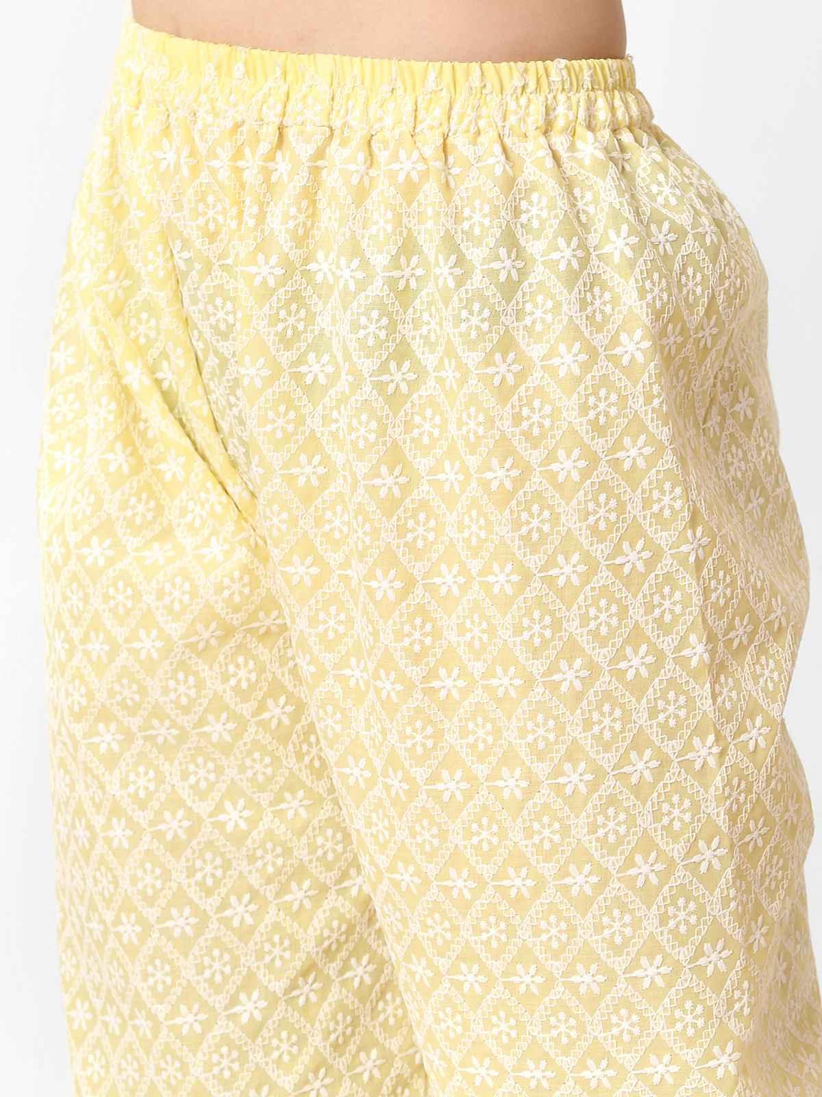 Trendzmy Women Chikan Embroidery Cotton Blend Kurti Set Ethnic Dress Cord Set Lime Color