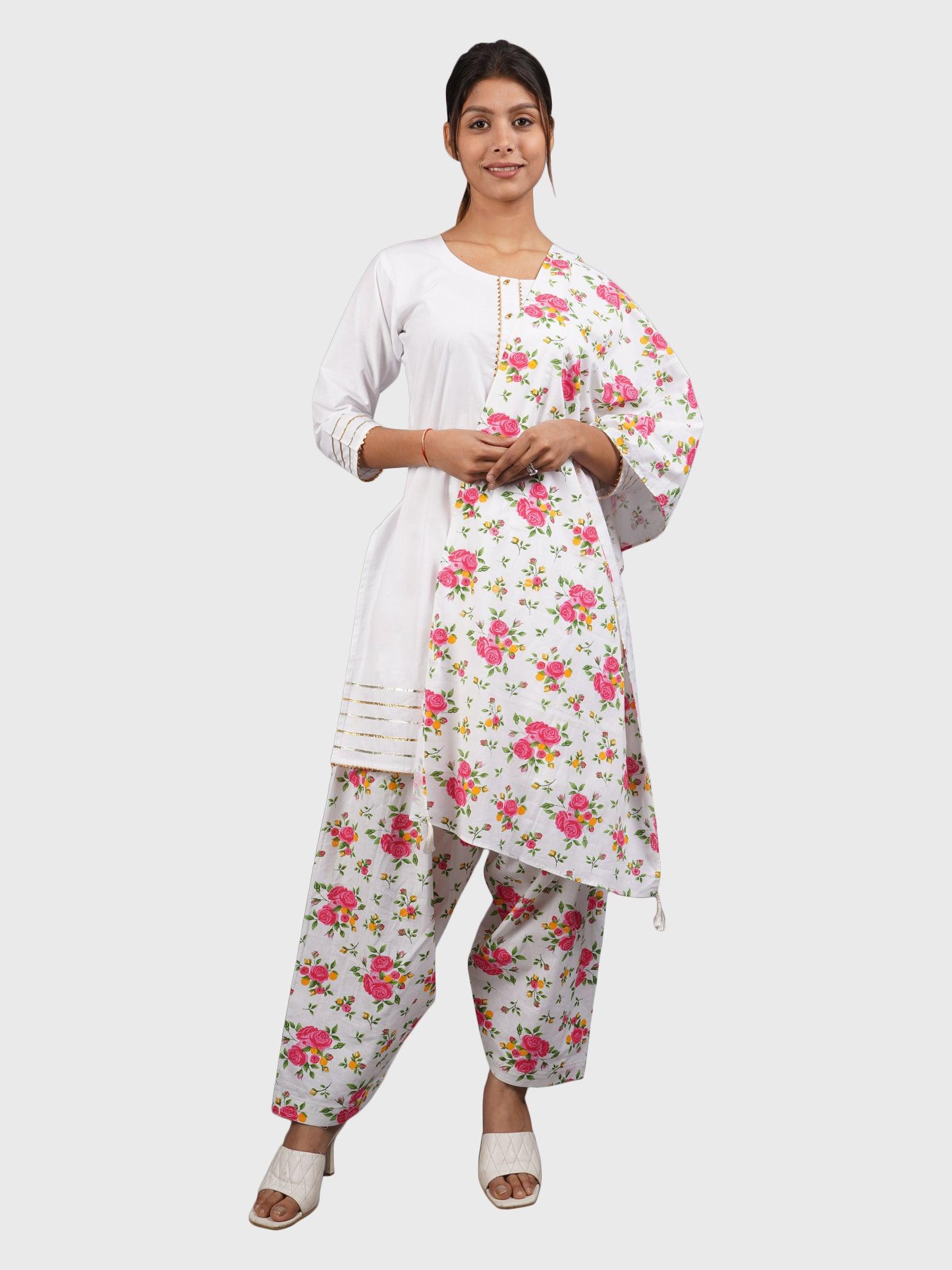 Women Plain White Kurta with Printed Pink Salwar and Dupatta XXXL