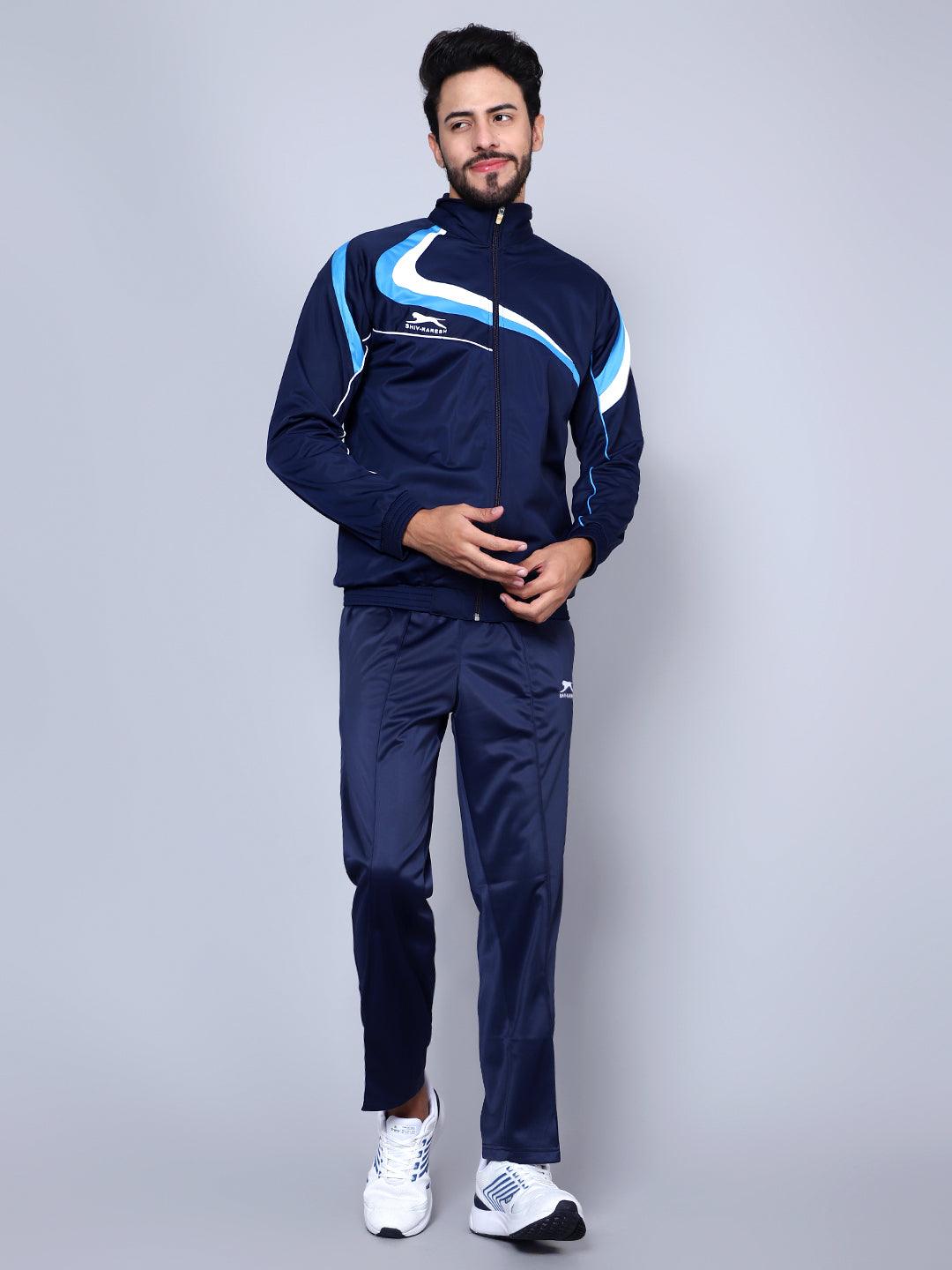 Shiv Naresh Men Navy Blue, Sky Blue and White Striped Detail Tracksuit XXL