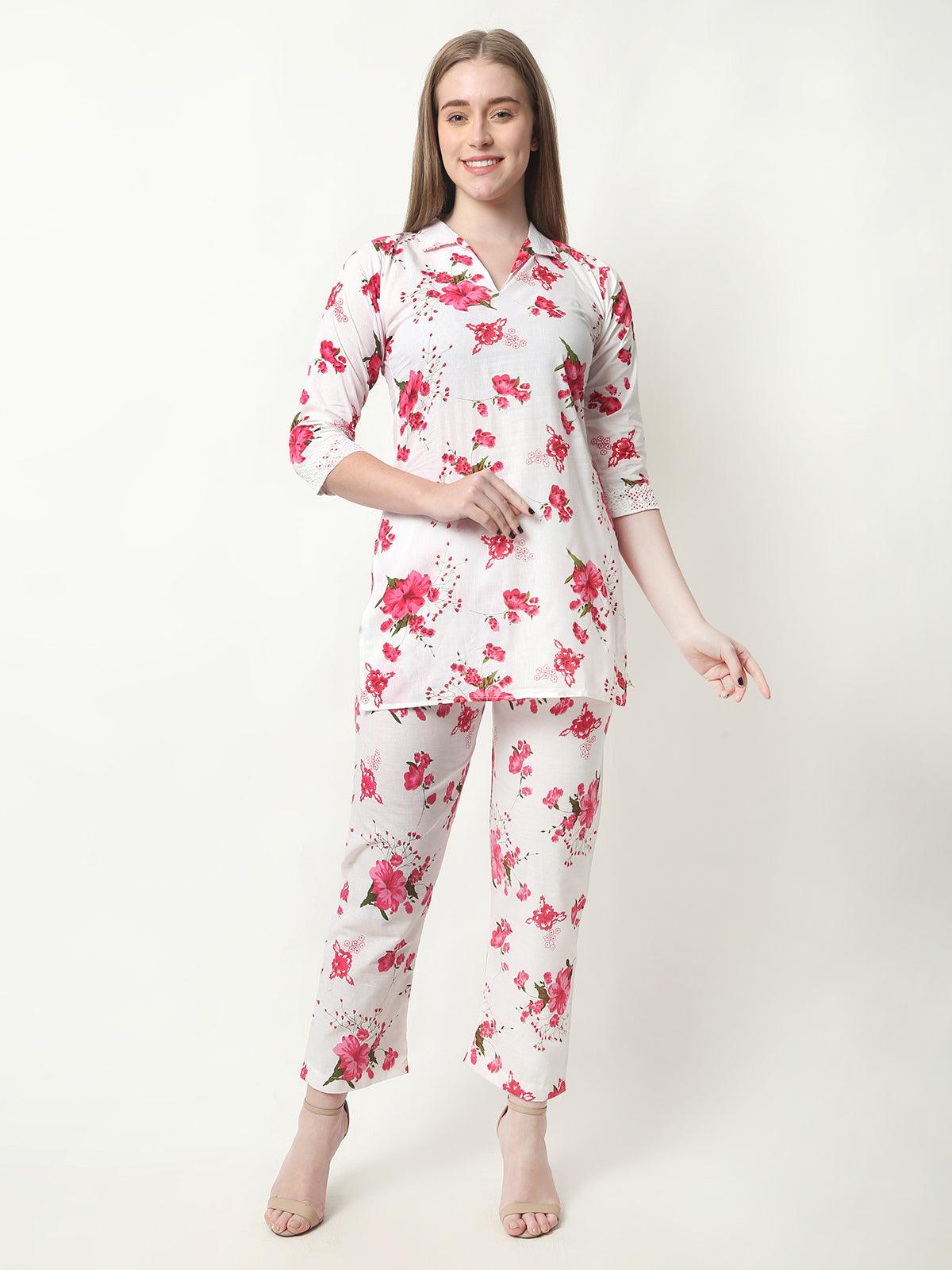 Women Floral Print Cotton Red Cord Set XXXL