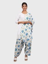 Women Plain White Kurta with Printed Sky Salwar and Dupatta XXXL