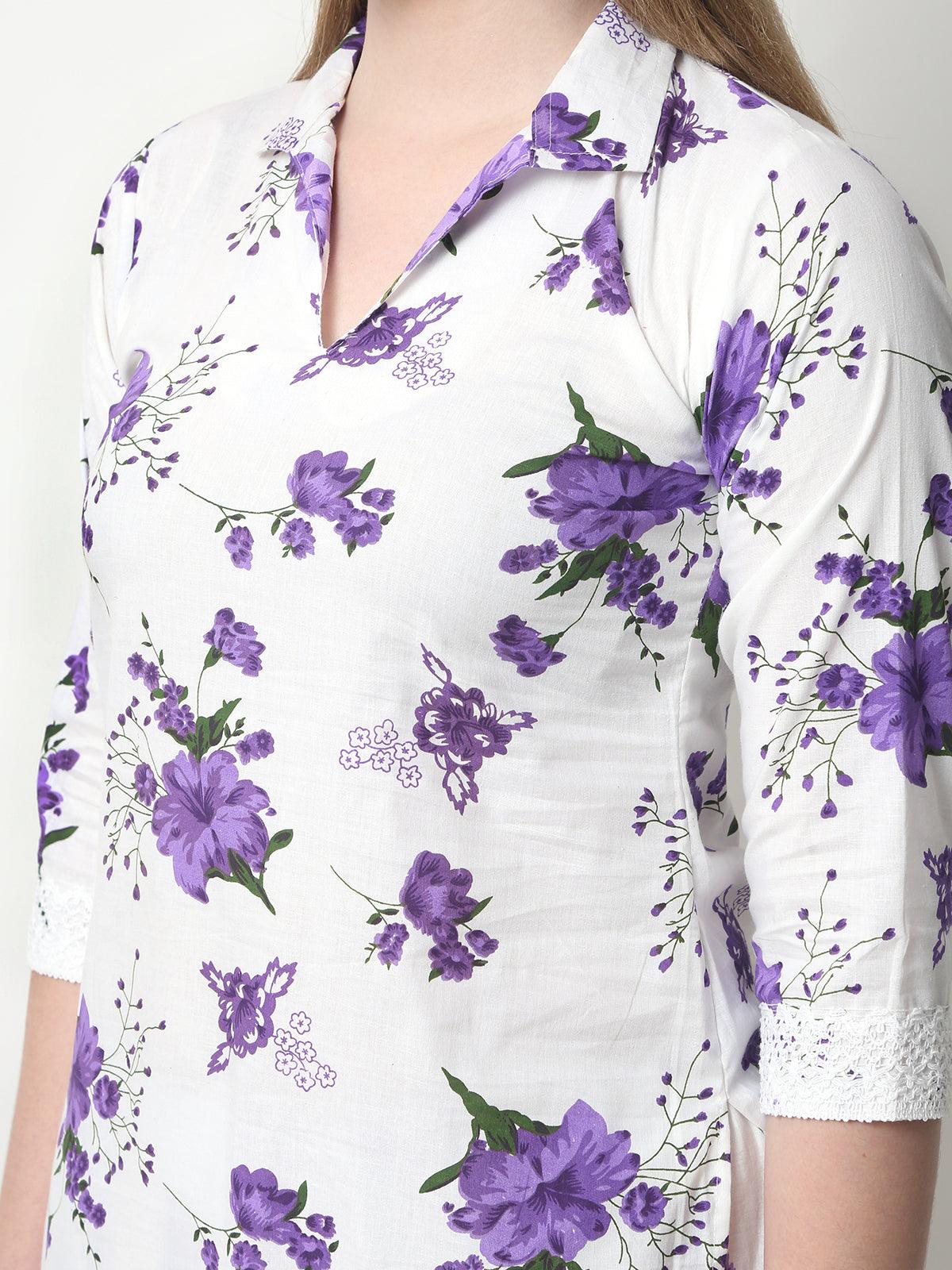 Women Floral Print Cotton Purple Cord Set