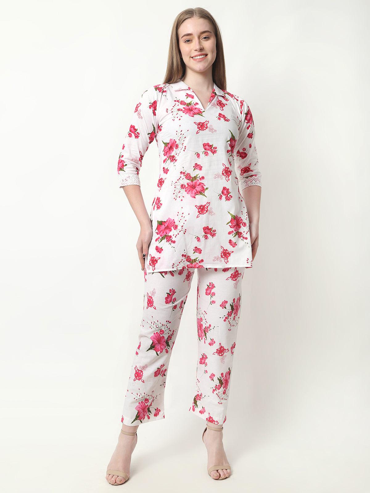 Women Floral Print Cotton Red Cord Set