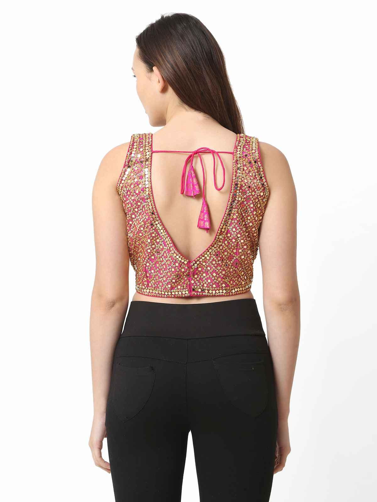Women Rani Pink Heavy Mirror Work Readymade Blouse