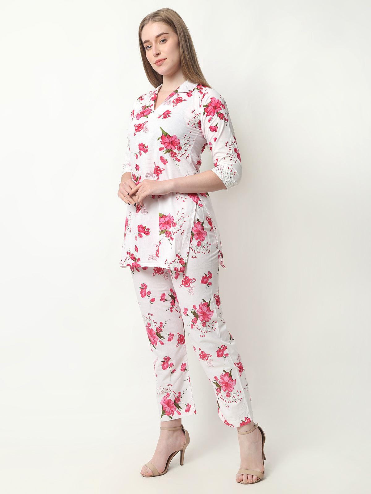 Women Floral Print Cotton Red Cord Set
