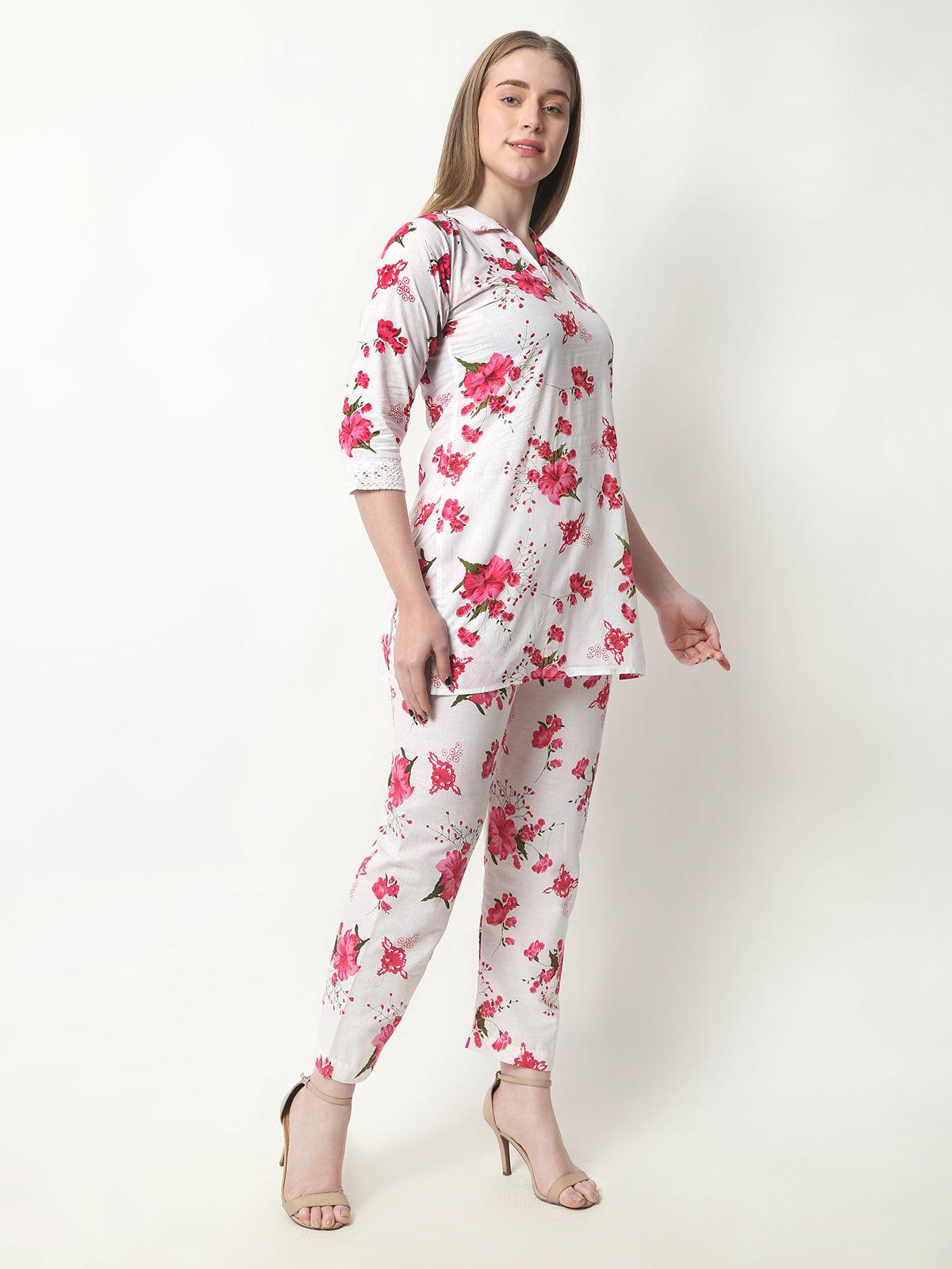 Women Floral Print Cotton Red Cord Set