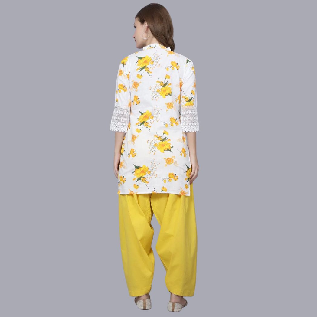 Indian Women Apple Cut Yellow Floral Print Pure Cotton Straight Kurta