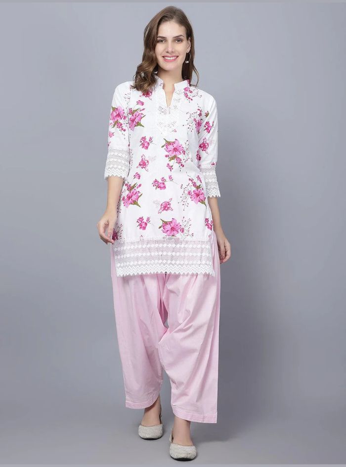 Pack of 2 Women Floral Print Cotton Blend Straight Kurta (Yellow, Pink)