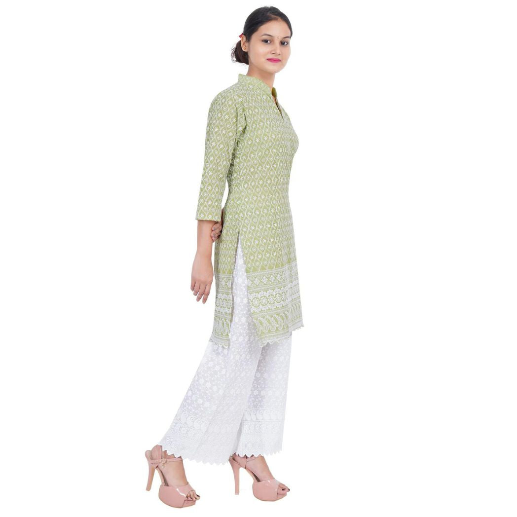 Women Mehandi Chicken Embroidered Straight Kurta