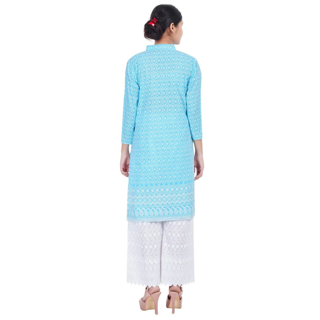 Women Sky Blue Chicken Embroidered Straight Kurta