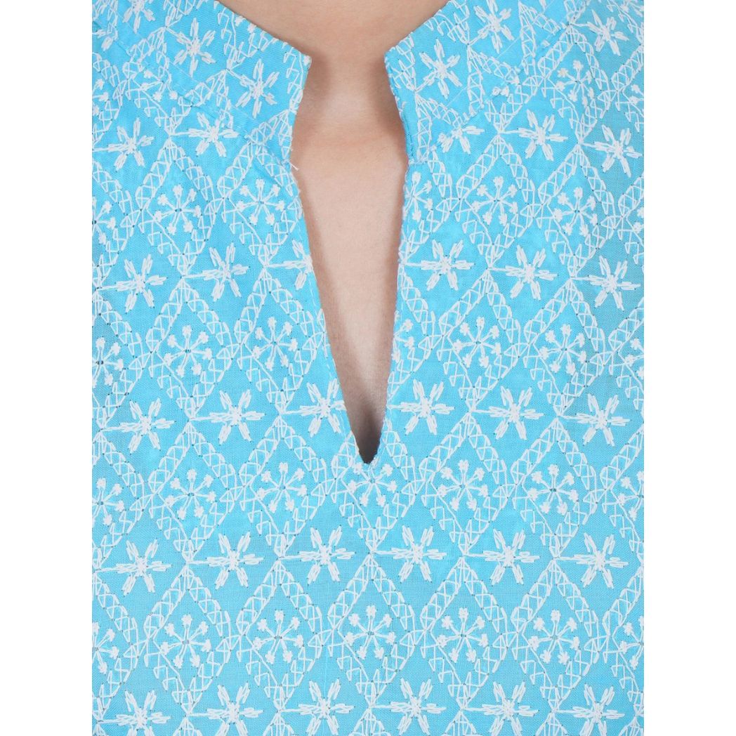 Women Sky Blue Chicken Embroidered Straight Kurta