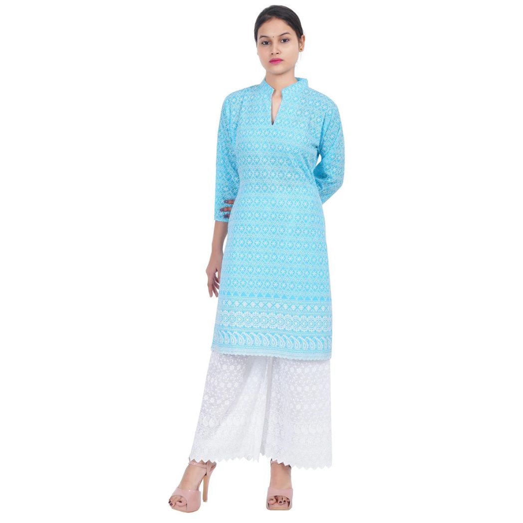 Women Sky Blue Chicken Embroidered Straight Kurta