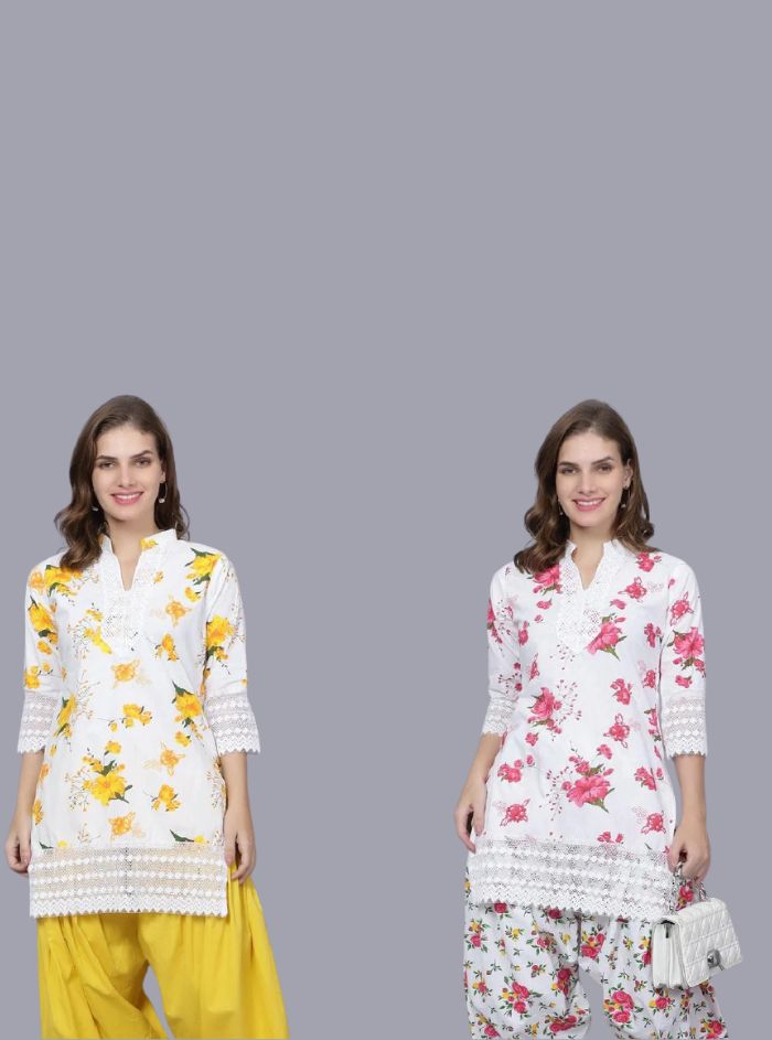 Pack of 2 Women Floral Print Cotton Blend Straight Kurta (Yellow, Red)