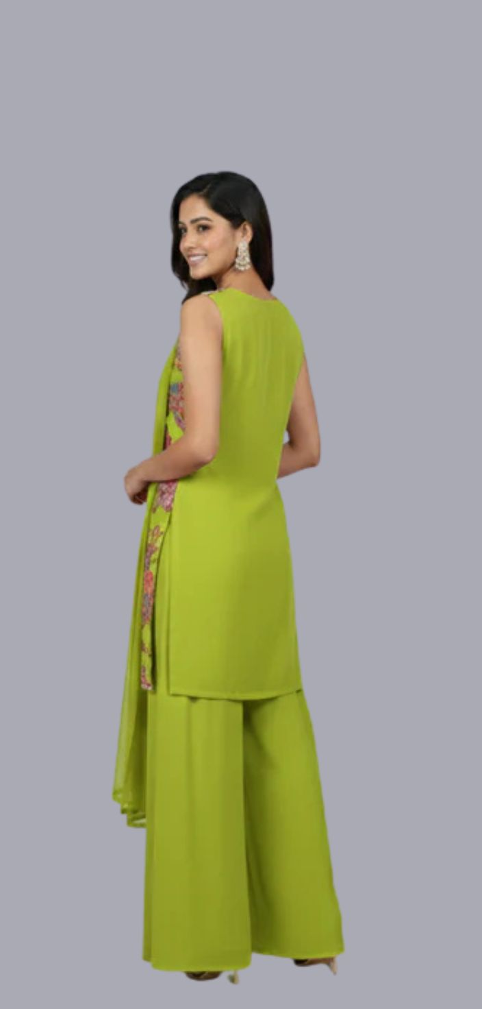 Mahndi Green Silk Sharara Set with Multi-Thread Embroidery