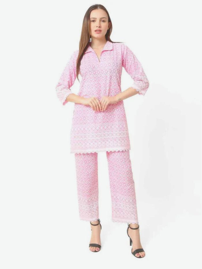 Women Chiken Embroidery Cotton Blend Pink Cord Set