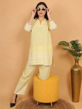Yellow Ethnic Chikan Embroidery Cotton Coord Set