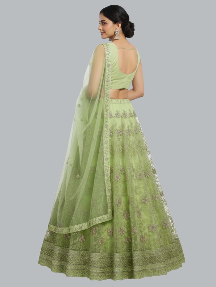 Fresh Parrot Green Net Party Wear Lehenga Choli (Unstitched)