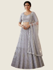 Chic Steel Grey Net Party Wear Lehenga Choli (Unstitched) Grey
