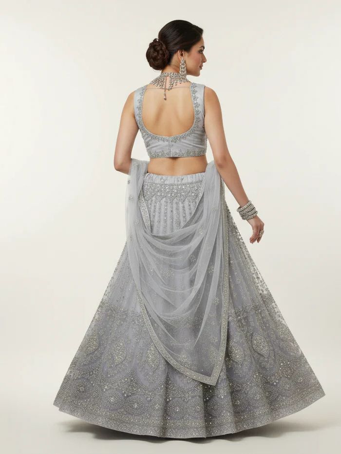Chic Steel Grey Net Party Wear Lehenga Choli (Unstitched)