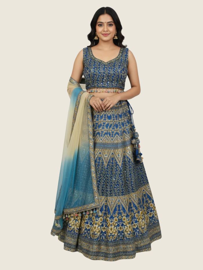 Striking Blue & Golden Art Silk Lehenga Crop Top Set