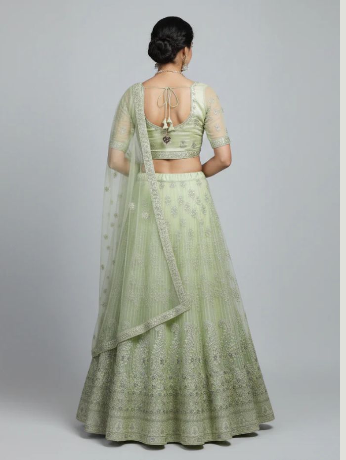 Unstitched Parrot Green Net Partywear Lehenga Choli Set (Unstitched)