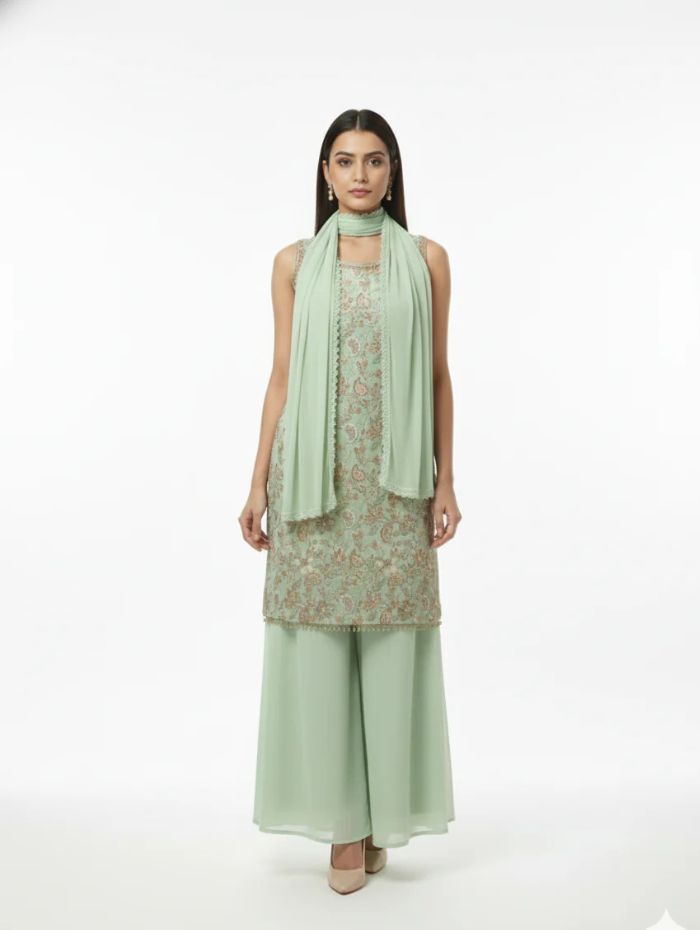 Pista Green Georgette Kurta Palazzo Set-FREE SIZE