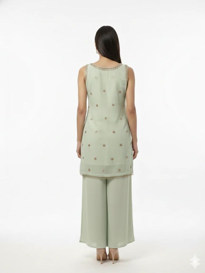 Pista Green Georgette Kurta Palazzo Set-FREE SIZE
