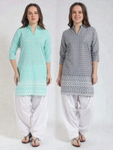 Women’s Cotton Chikankari Kurti Combo - Pack of 2 (Aqua & Grey)