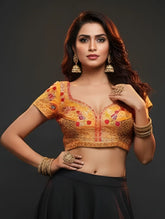 Orange Floral Embroidered Sequin Blouse with Sweetheart Neckline-us-ca Orange