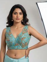 Turquoise Blue Embroidered V-Neck Blouse with Attached Sleeves Blue